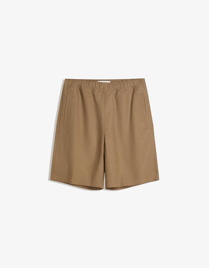 Calções bermuda loose jogger com linho-Caramelo-3