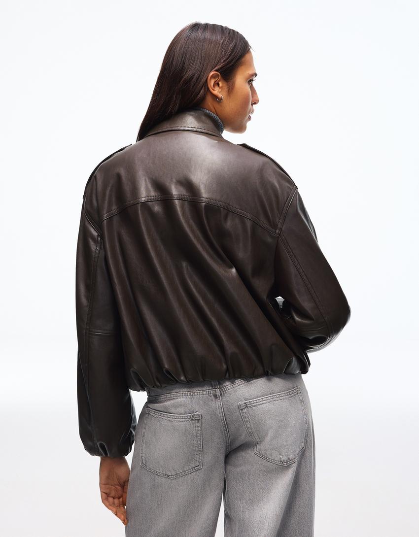 Balloon leather effect jacket-Brown
