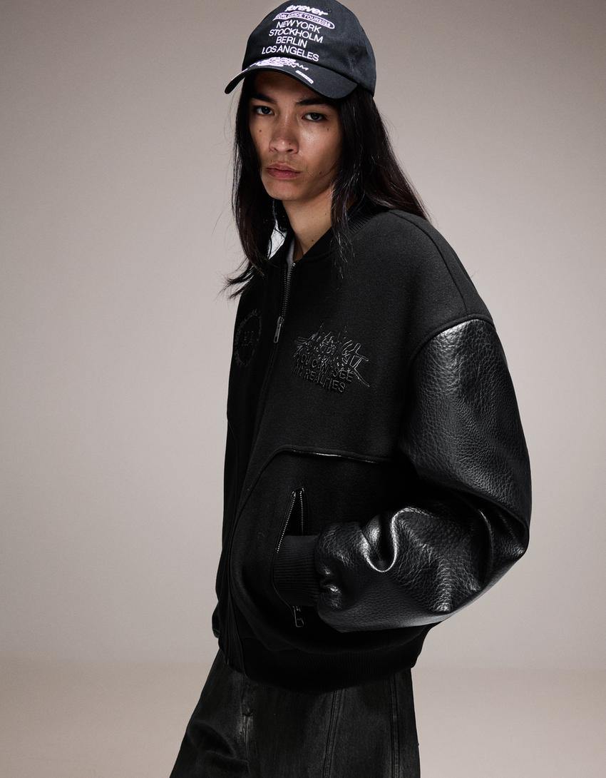 Geacă stofă mâneci imitație de piele-Negru