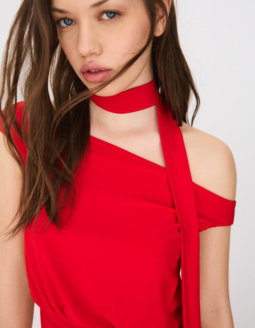 Vestido mini bardot pañuelo-Rojo