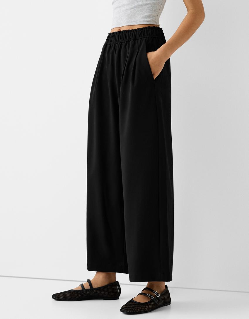 Tailored culottes with elastic waist-Black-1