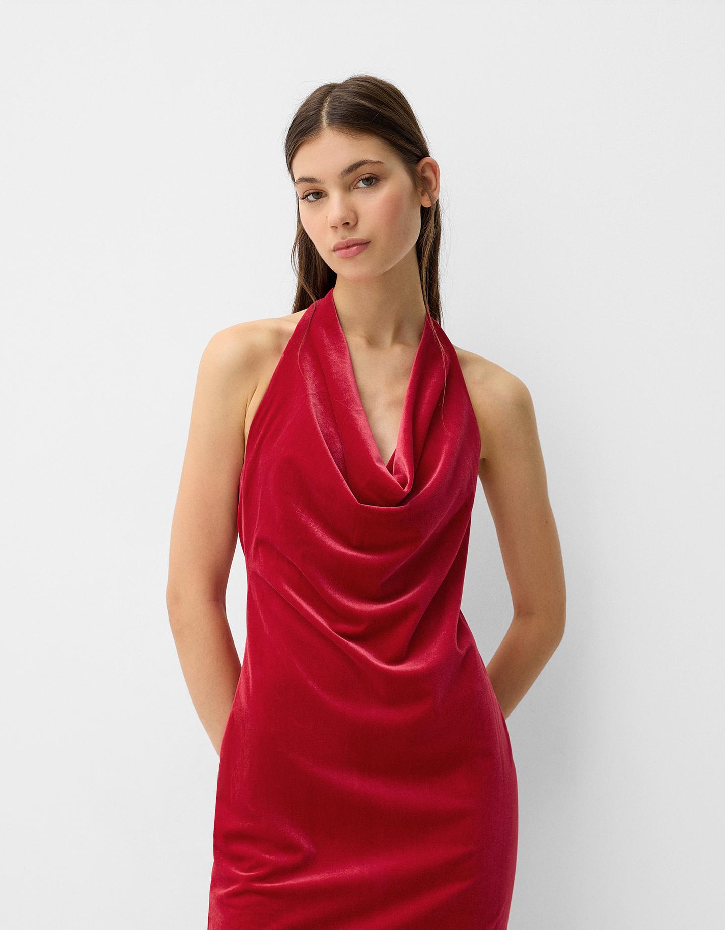 Bershka Vestido Midi Velvet Cuello Halter Mujer S Rojo