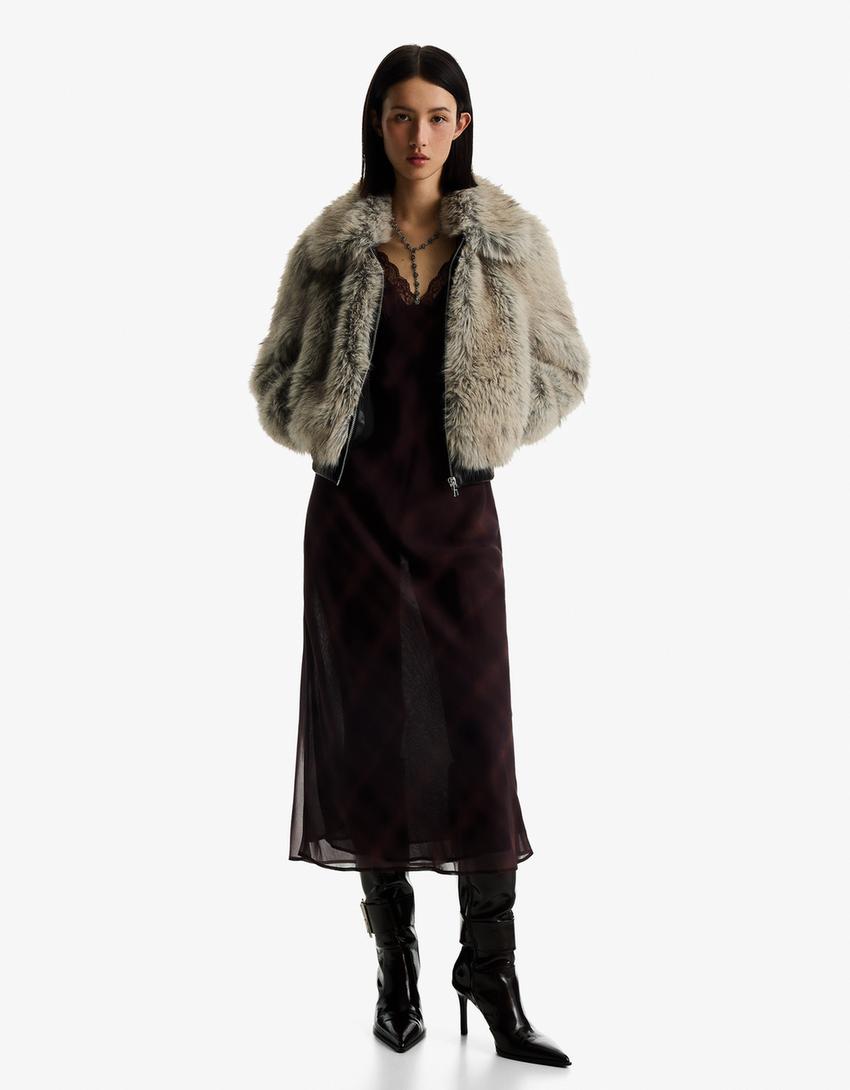 Robe midi en mousseline et dentelle-Marron