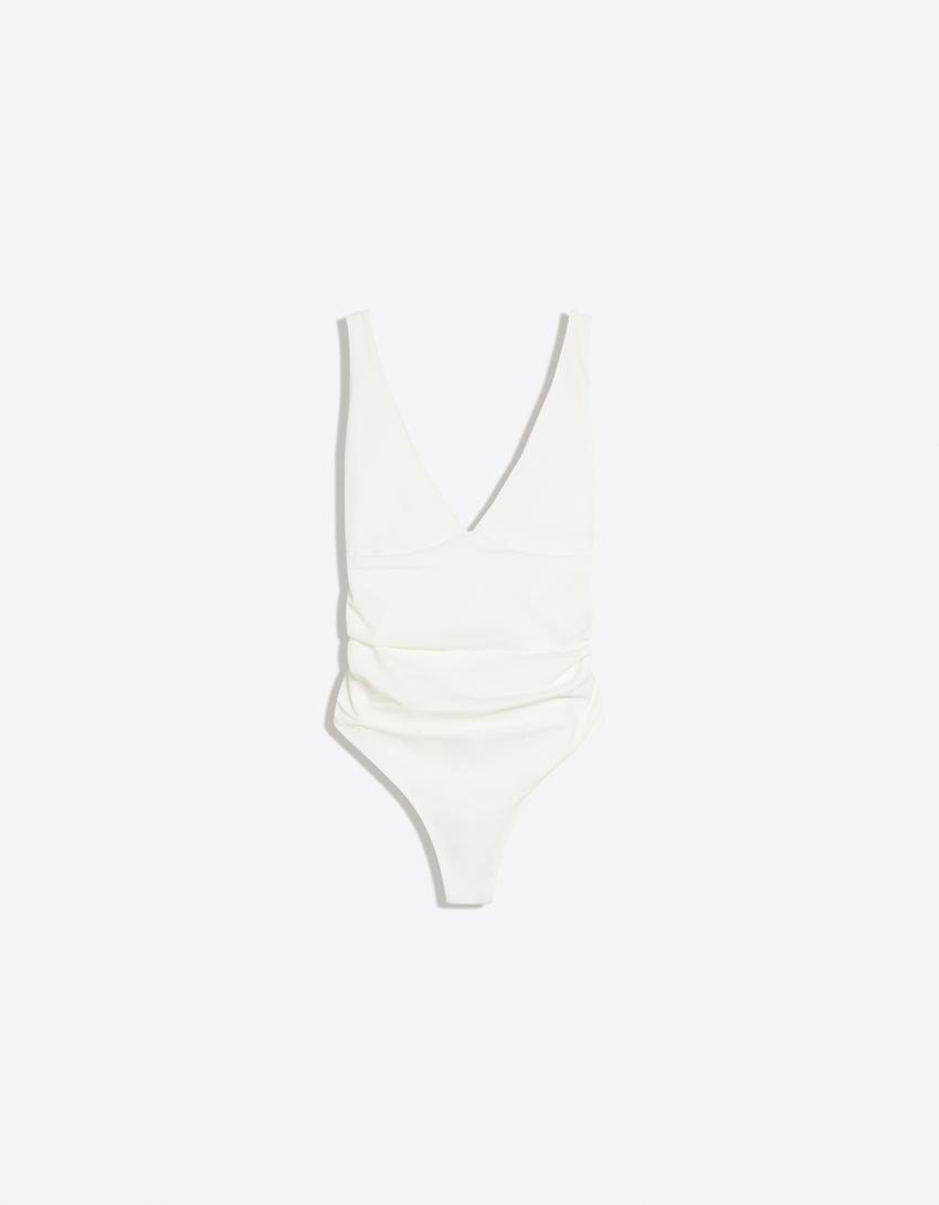 Strappy shirred bodysuit-Cream