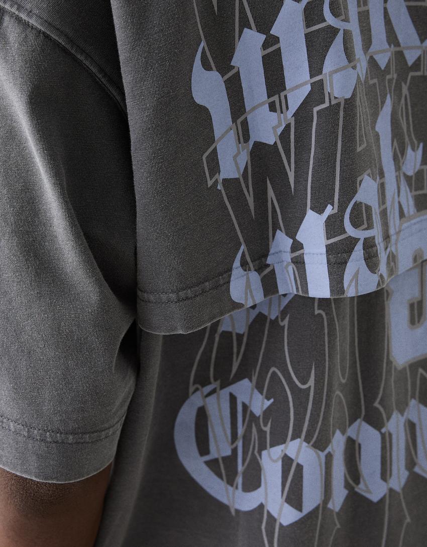 T-shirt manches courtes boxy fit effet délavé imprimé-Gris-6