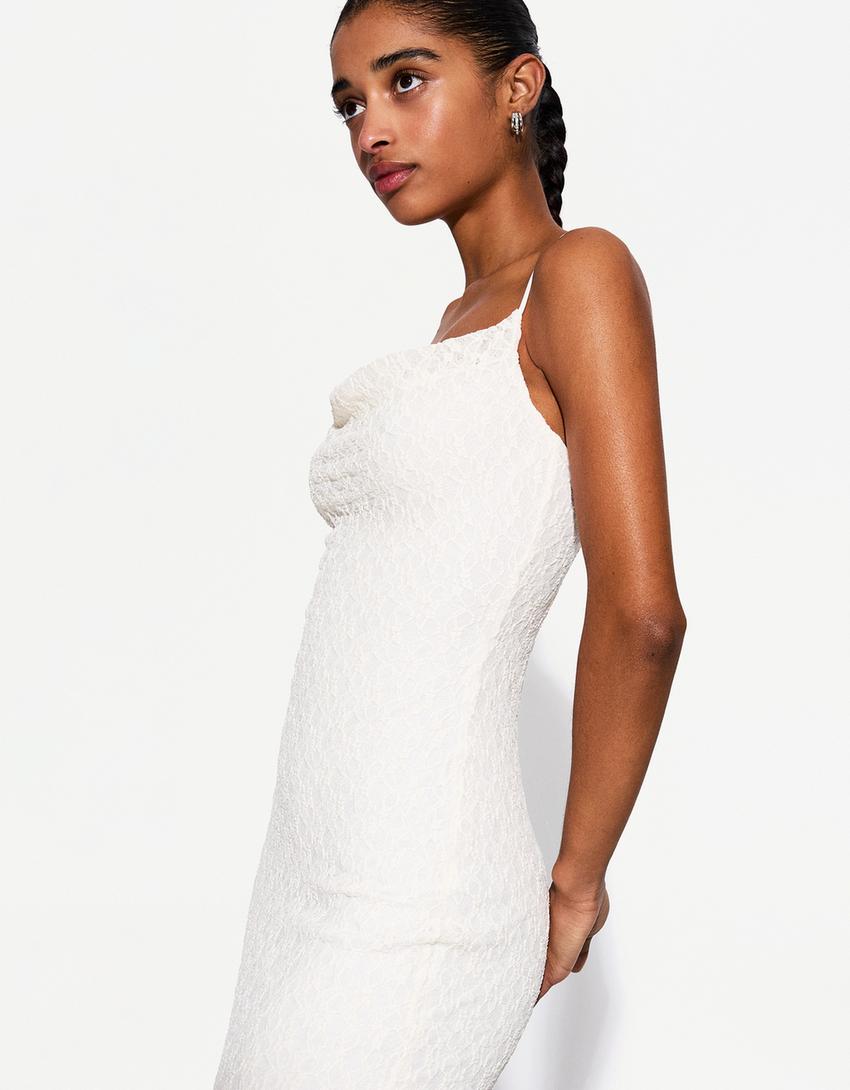 Vestido midi blonda encaje-Blanco roto