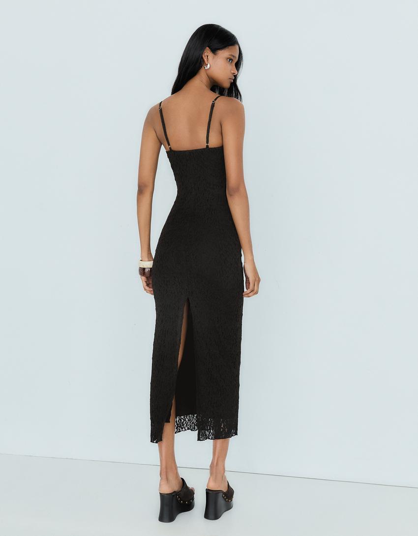 Midikleid mit Trägern und Spitze-Schwarz