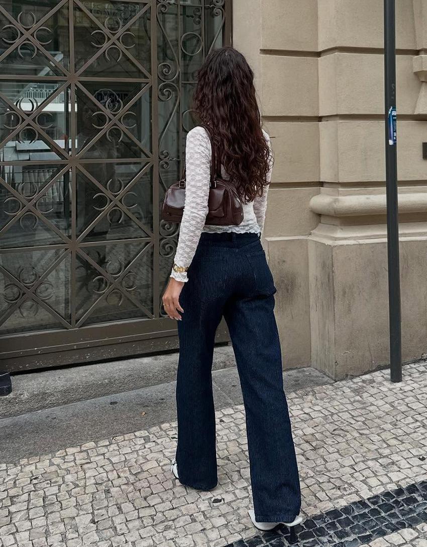 Jeans perna larga straight fit textura-Marinho