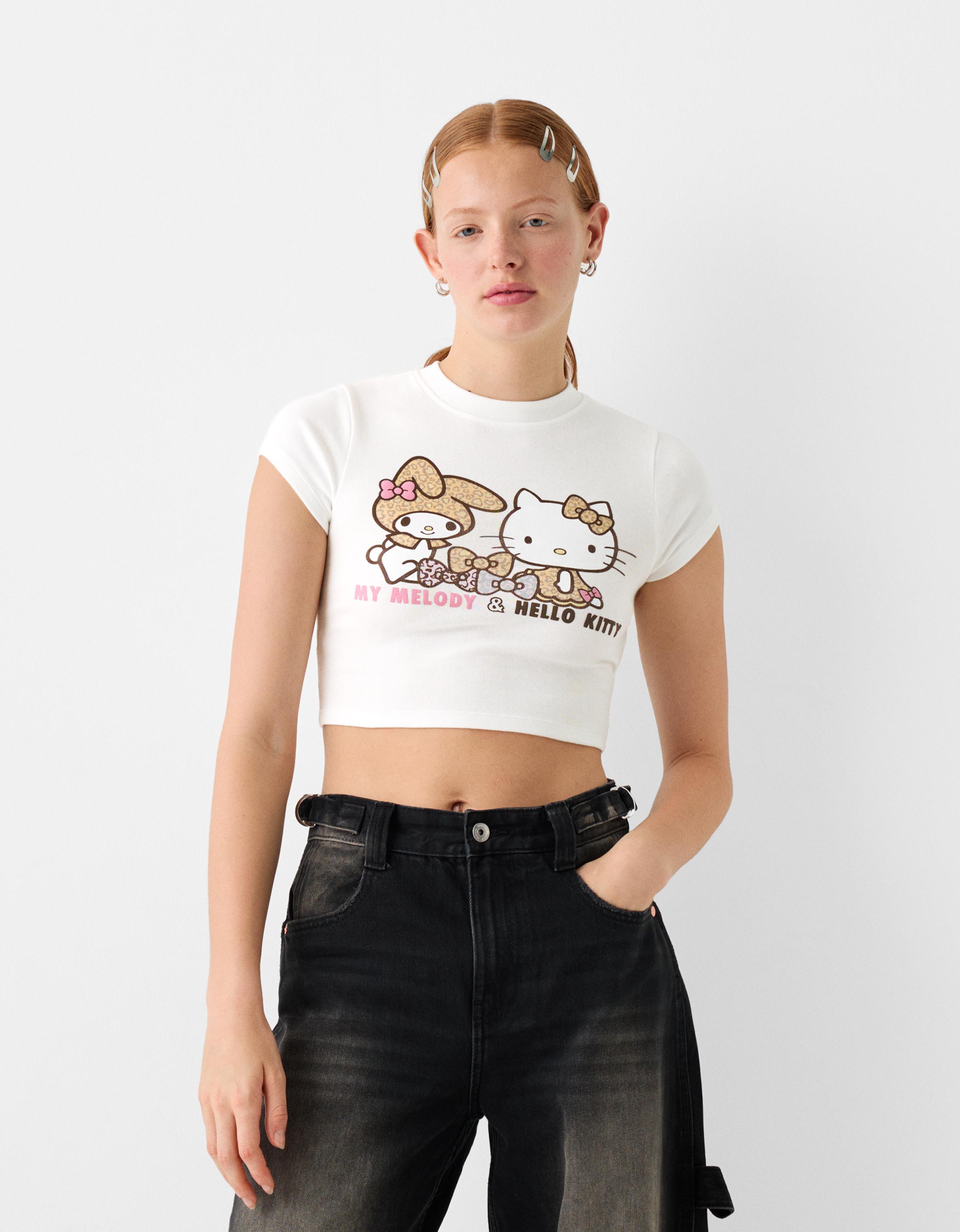 Bershka T-Shirt Hello Kitty & My Melody Mit Print Damen L Grbrochenes Weiss