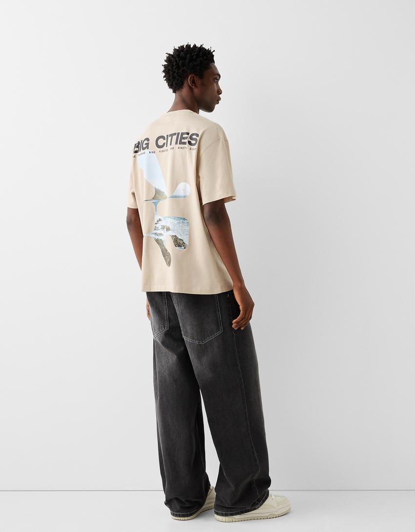 T-shirt manga curta boxy estampado-Caramelo-1