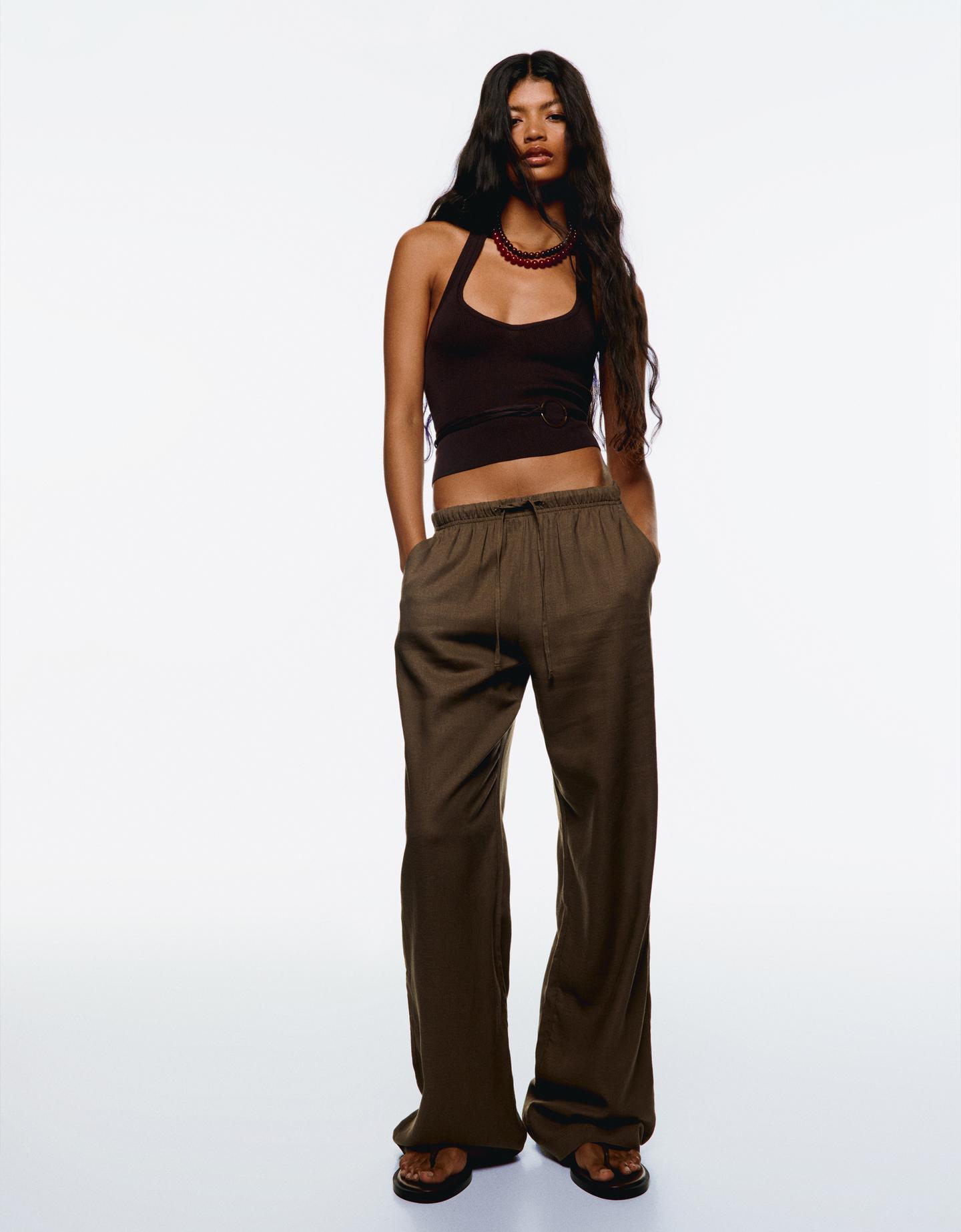 Bershka Pantalón Con Lino Goma Cintura Mujer Xxs Arena