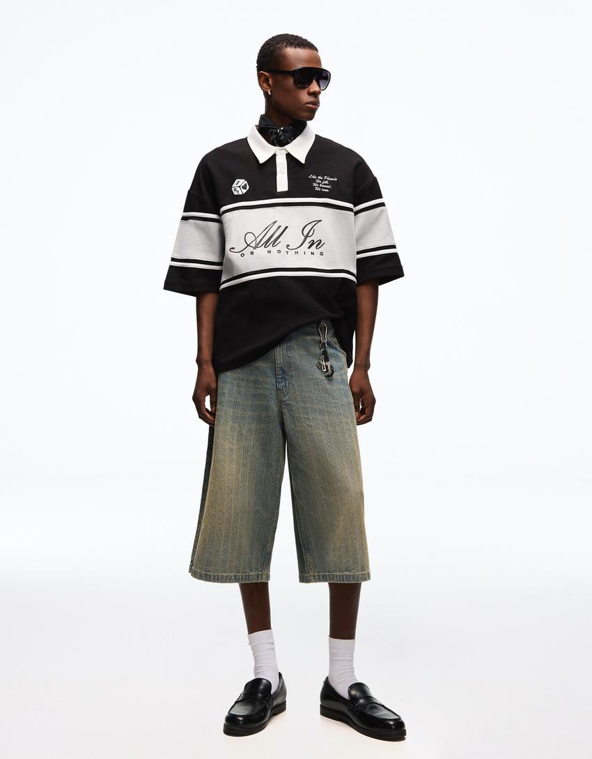 Boxy fit kısa kollu polo yaka tişört-Siyah