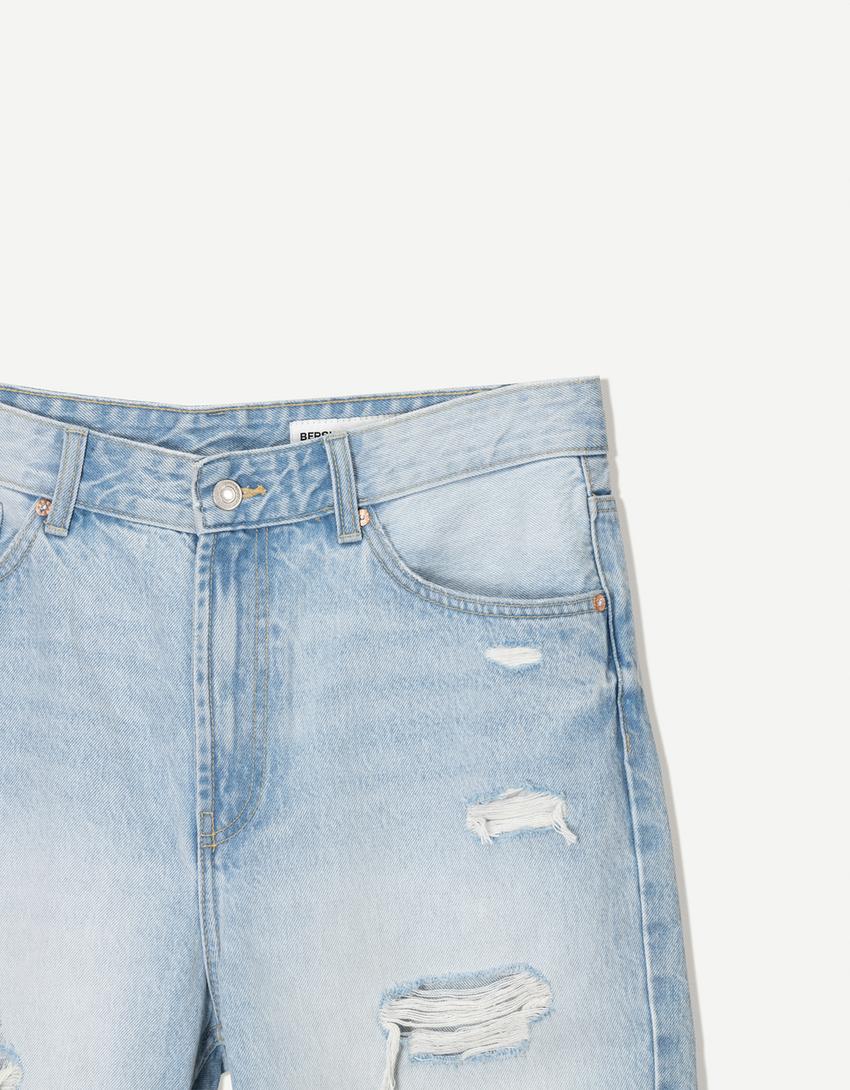 Distressed denim bermuda şort-Açık mavi-2