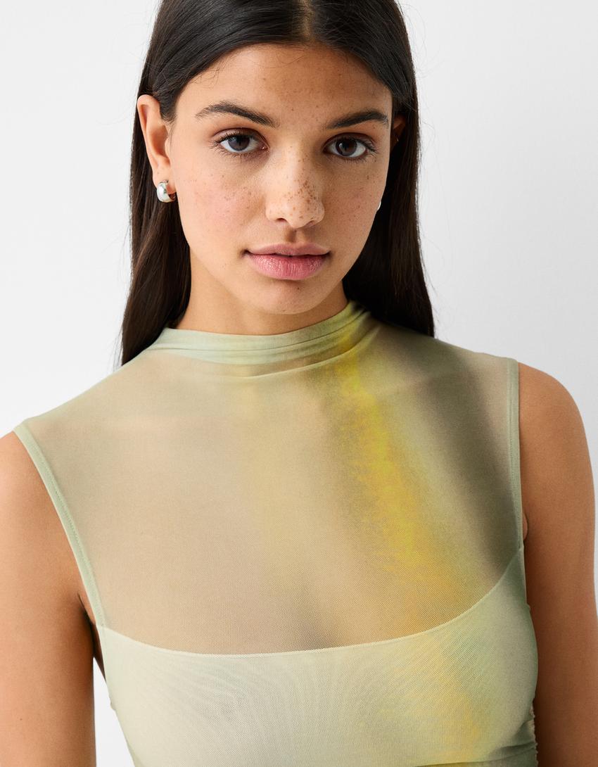 فستان ميدي يباقة عالية وأكمام قصيرة وطبعة-أخضر ليمي-3