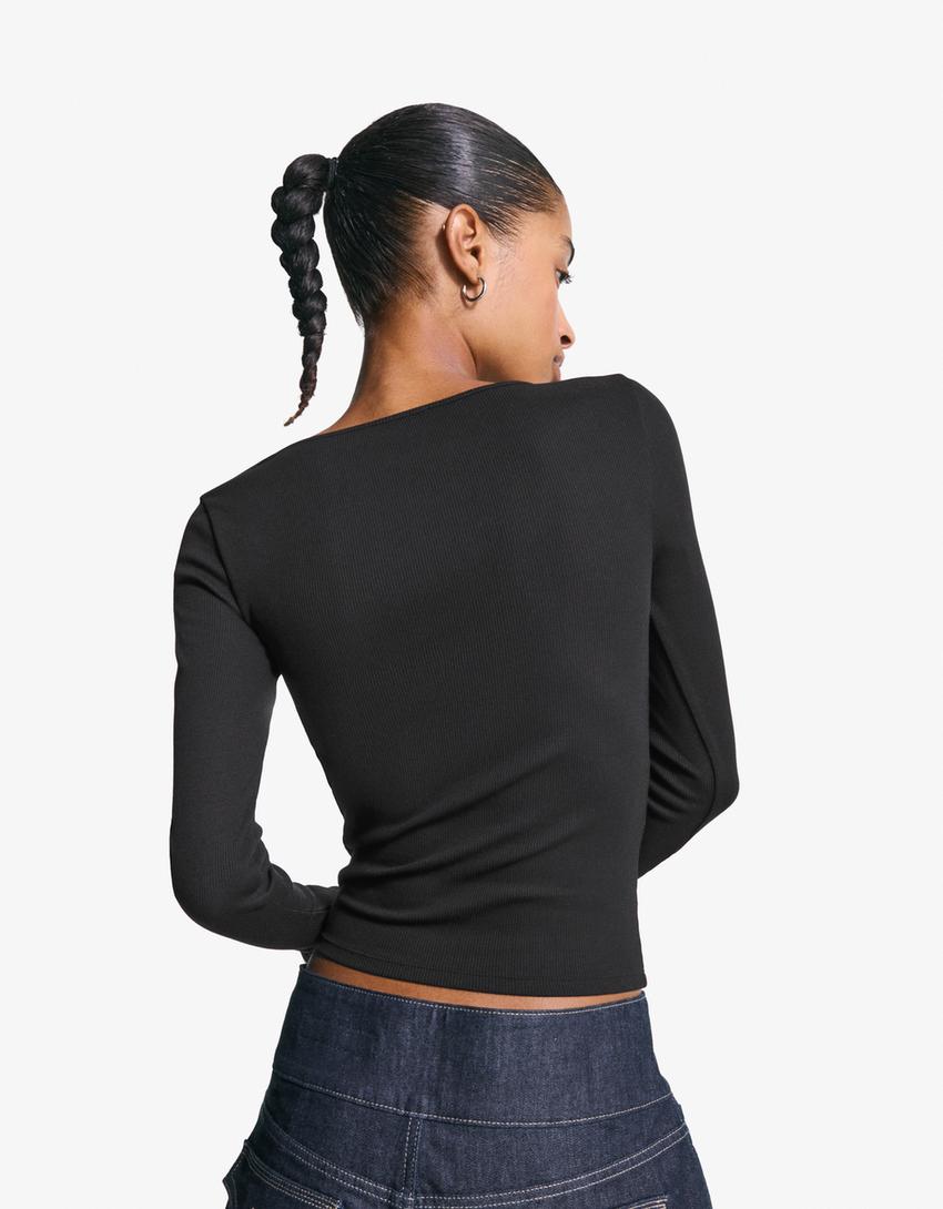 Tricou mânecă lungă guler în V-Negru-1