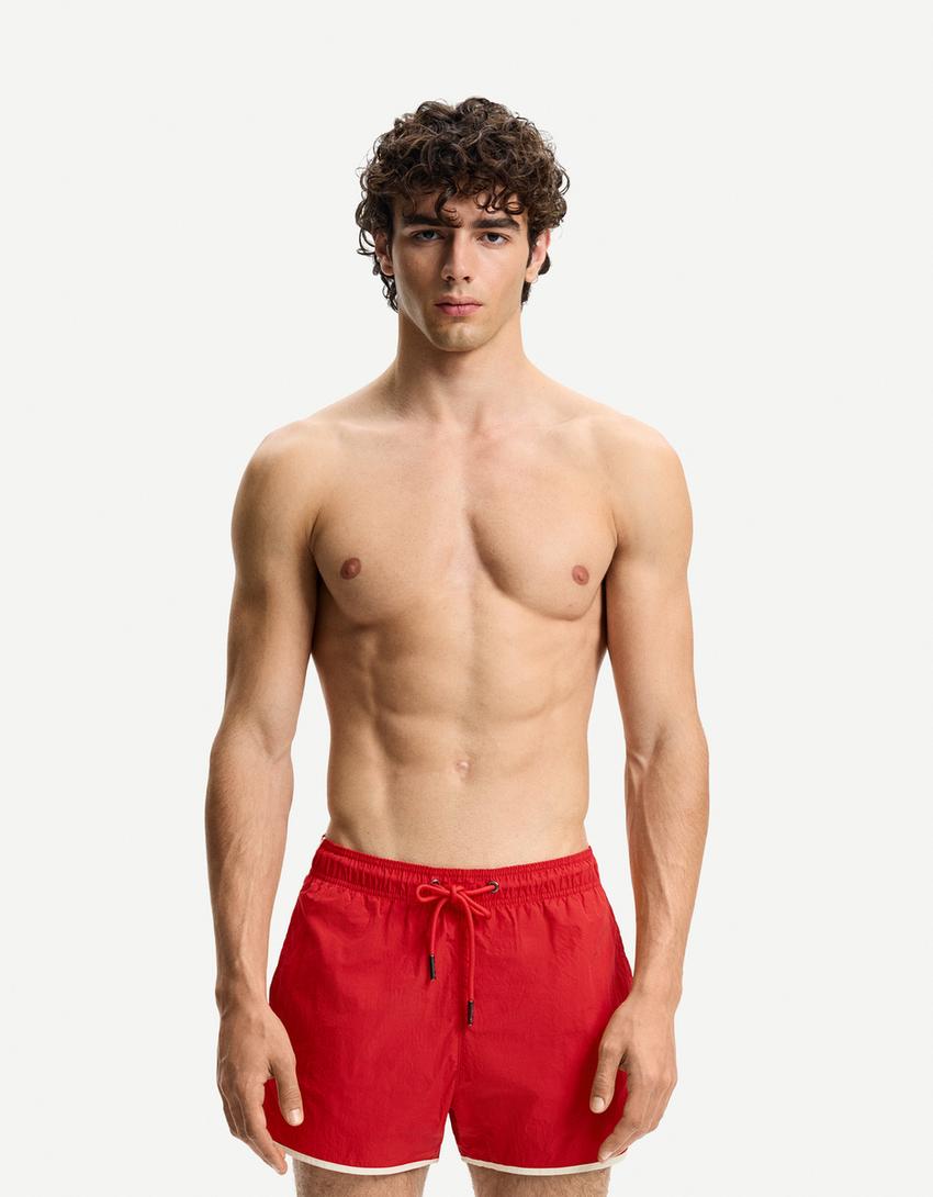 Korte zwembroek met biesjes-Rood