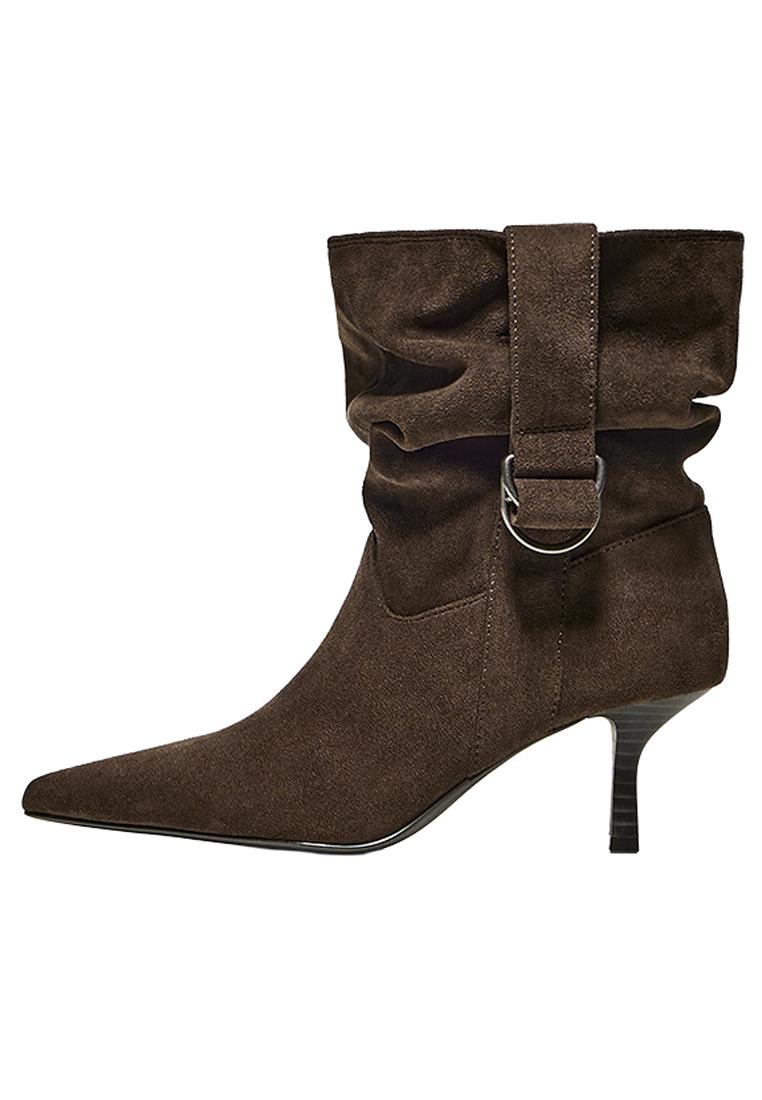 SLOUCHY BUCKLE HEEL ANKLE BOOTS — TAUPE