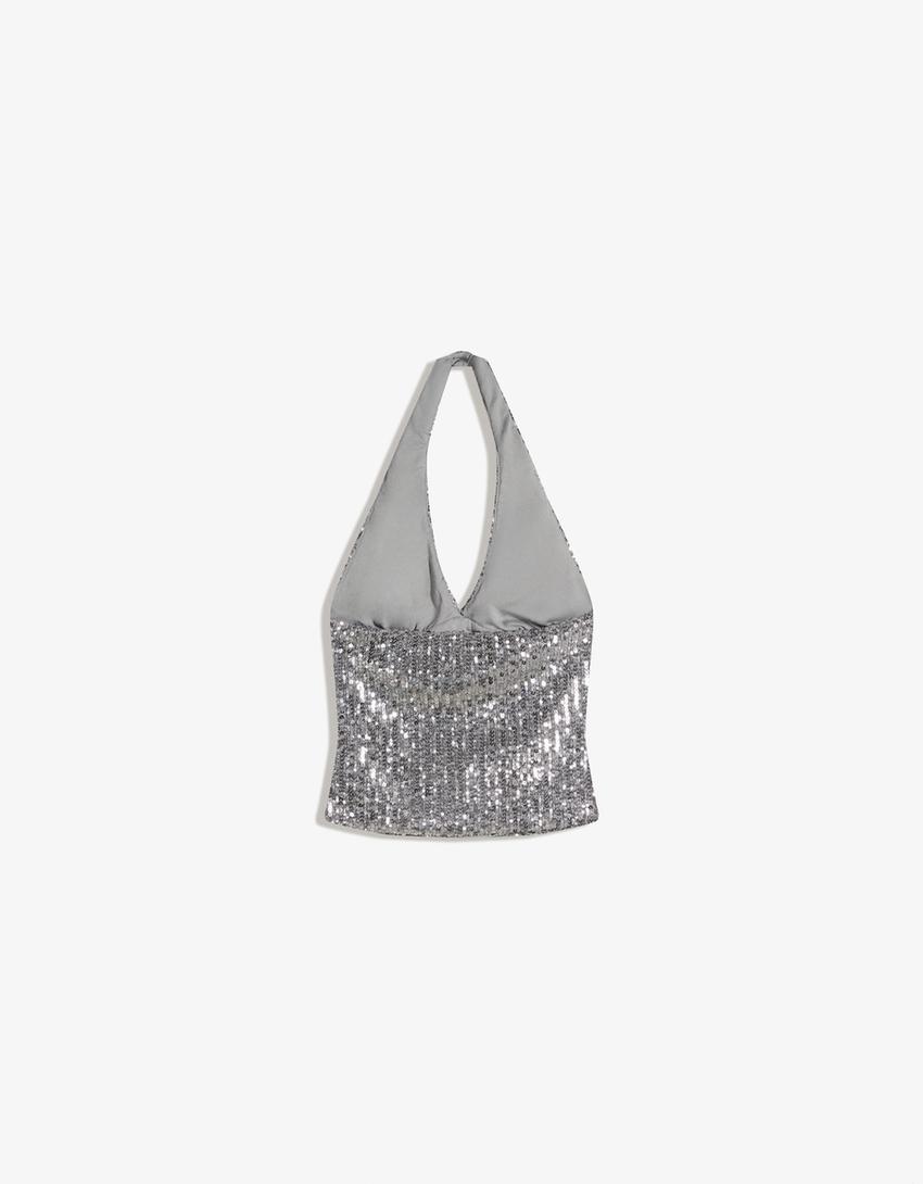 Draped halter top with sequins-Silver