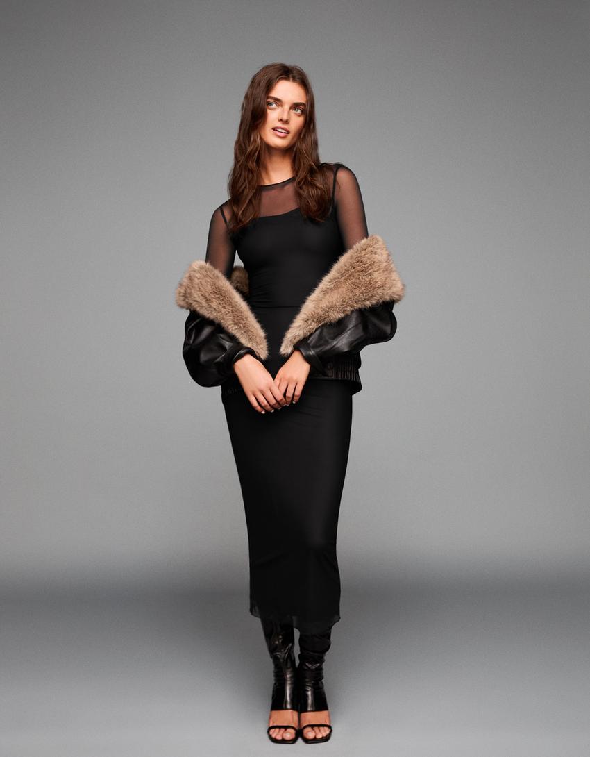 Robe midi à manches longues en tulle-Noir