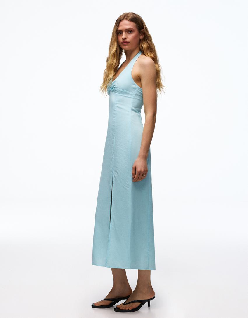 Linen blend halter midi dress-Turquoise