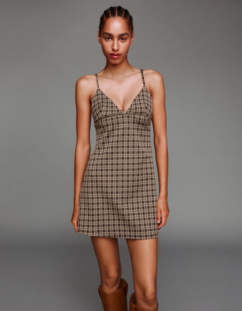 Robe courte à carreaux-Marron