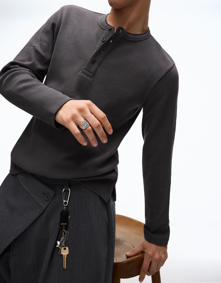 Slim fit long sleeve henley T-shirt-Dark grey