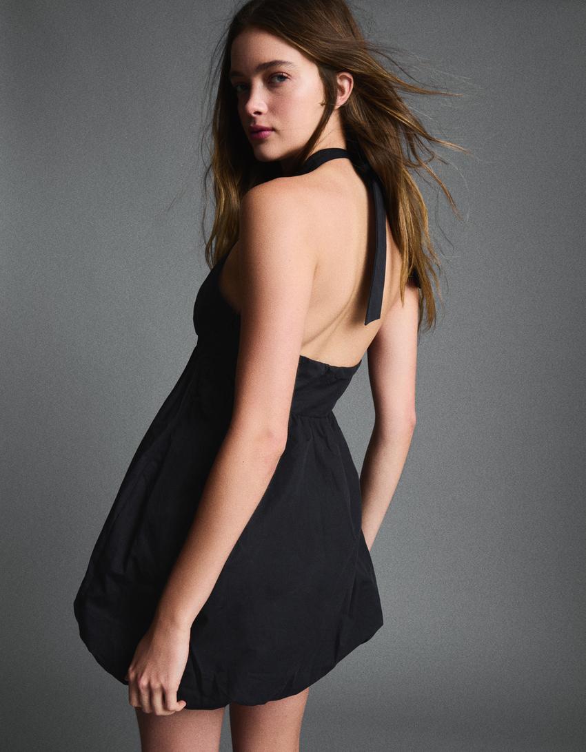 Balon poplin mini elbise-Siyah