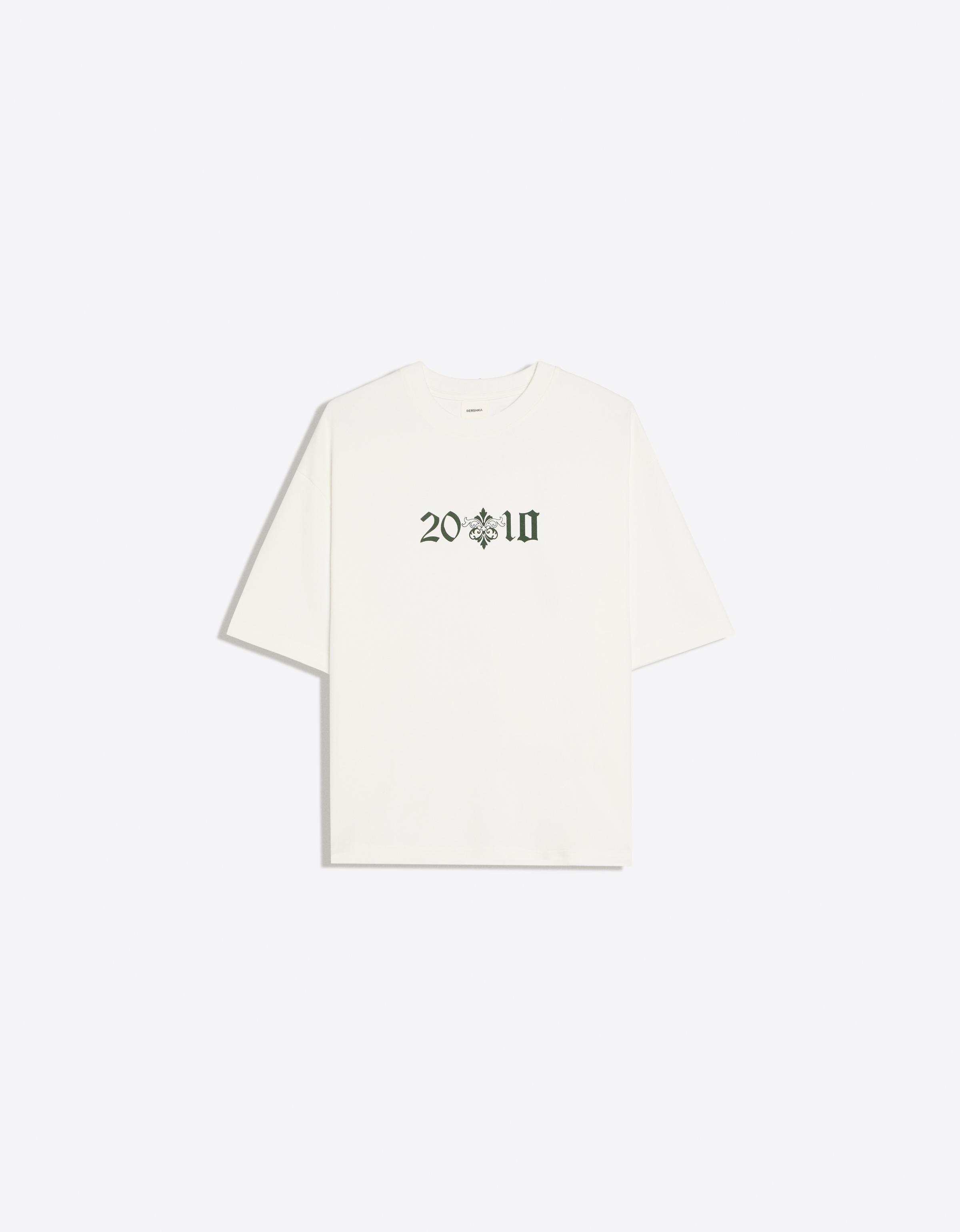 Bershka Camiseta Manga Corta Felpa Print Hombre Crudo