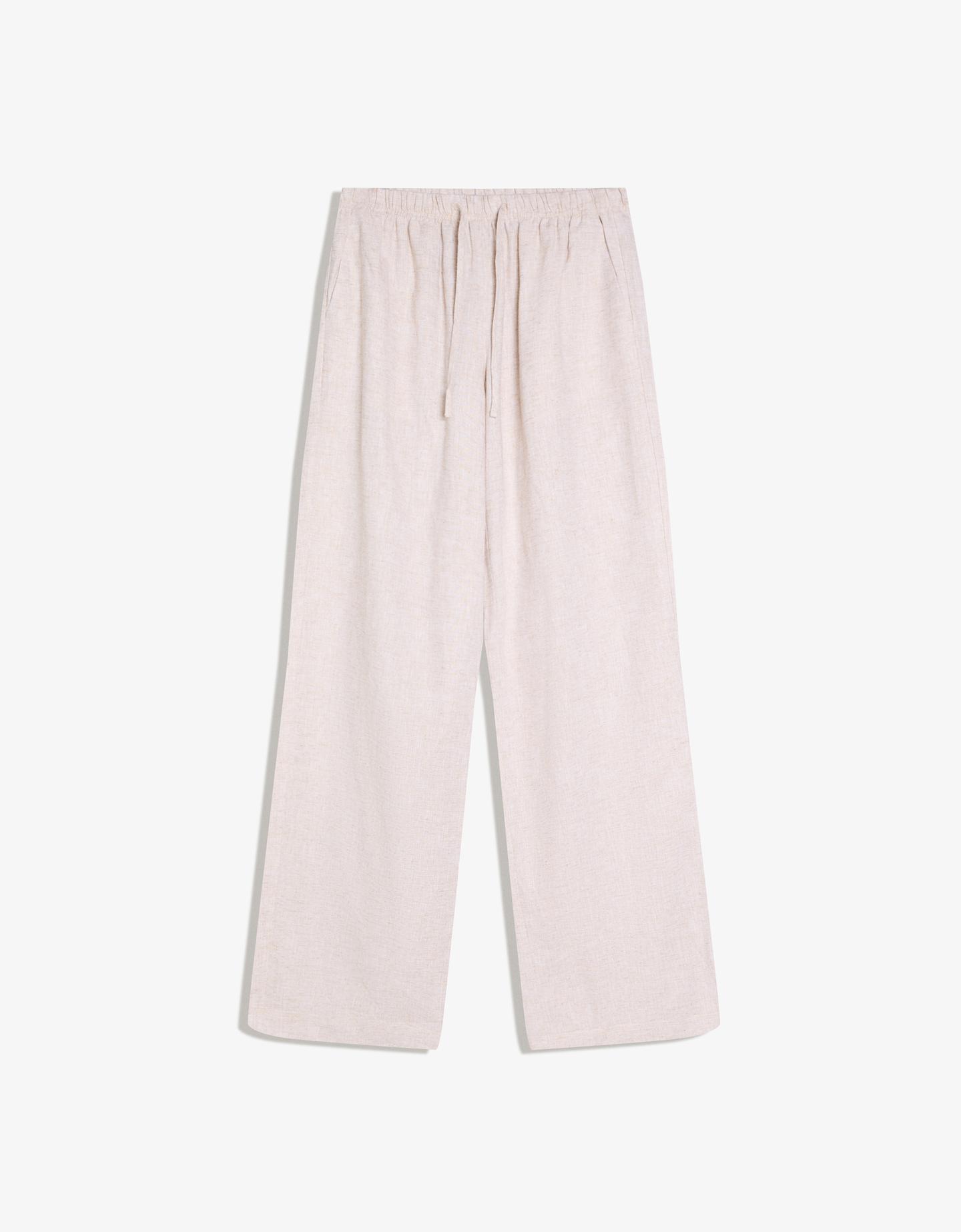 Bershka spodnie z lnem i gumką w pasie piaskowy