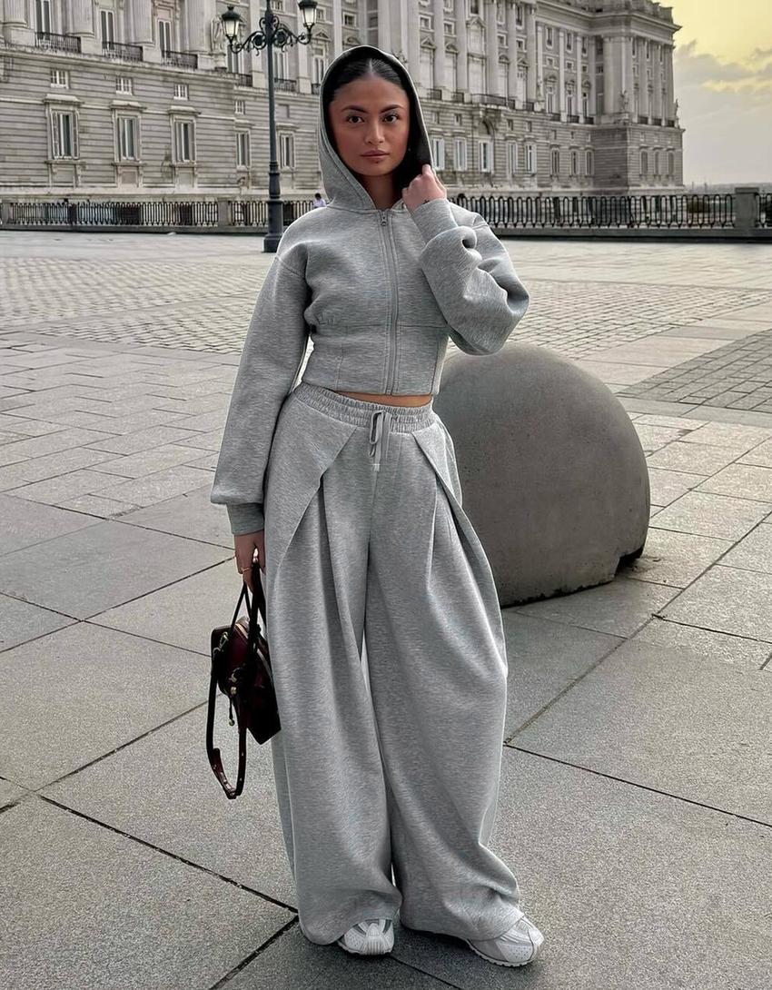 Kapüşonlu fermuarlı yüksek bel sweatshirt-Gri