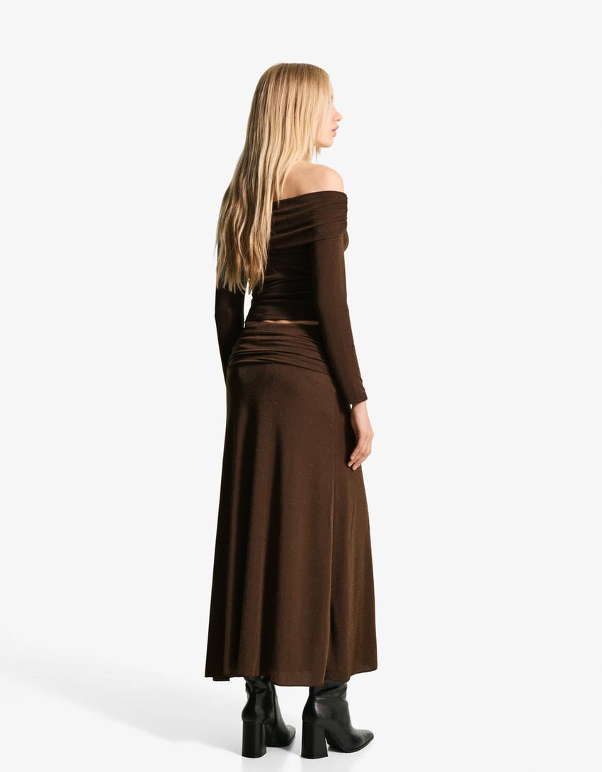 Textured shimmery midi skirt-Brown