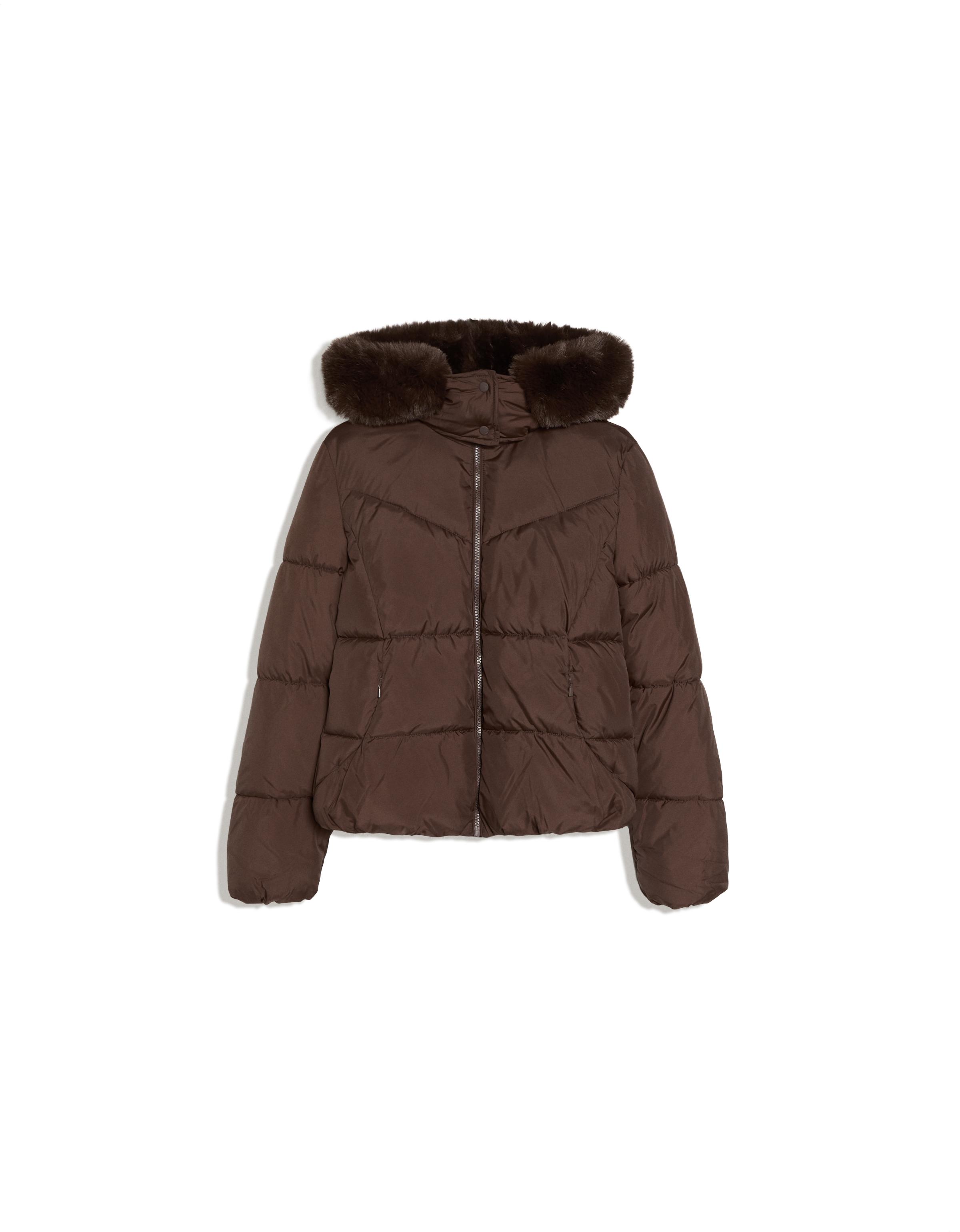 Padded jacket with fur hood — Brown