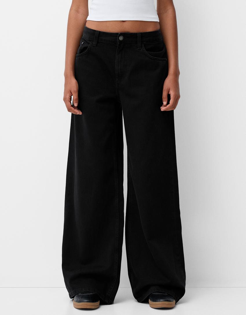 Jeans Palazzo Bershka Negro Bershka Wide-Leg Seamless Pocket Jeans