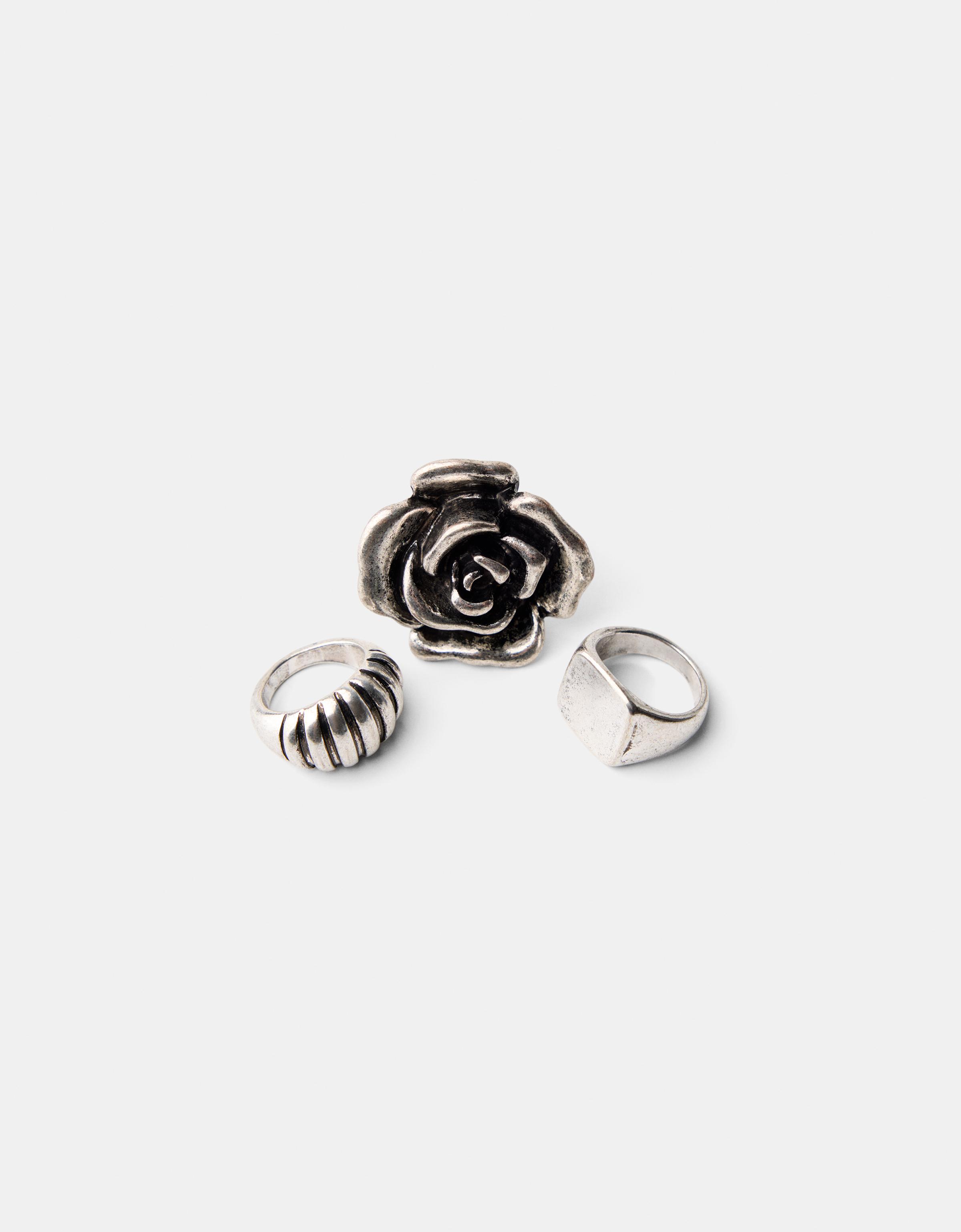 Bershka 3er-Pack Ringe Aus Metall In Rosa Und Rosenform Damen M Silber