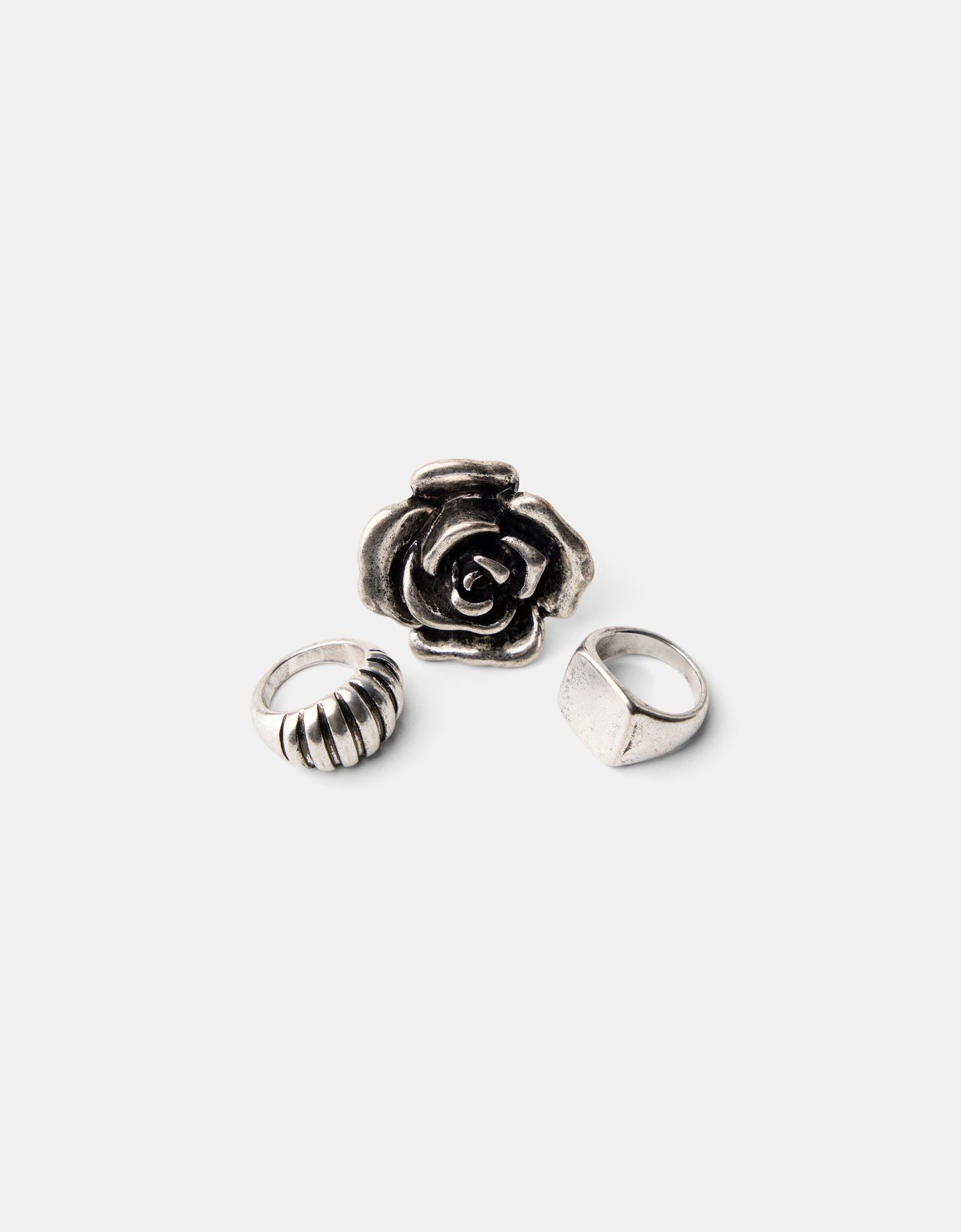 Bershka Pack 3 Anillos Rosa Metálica Mujer S Plata