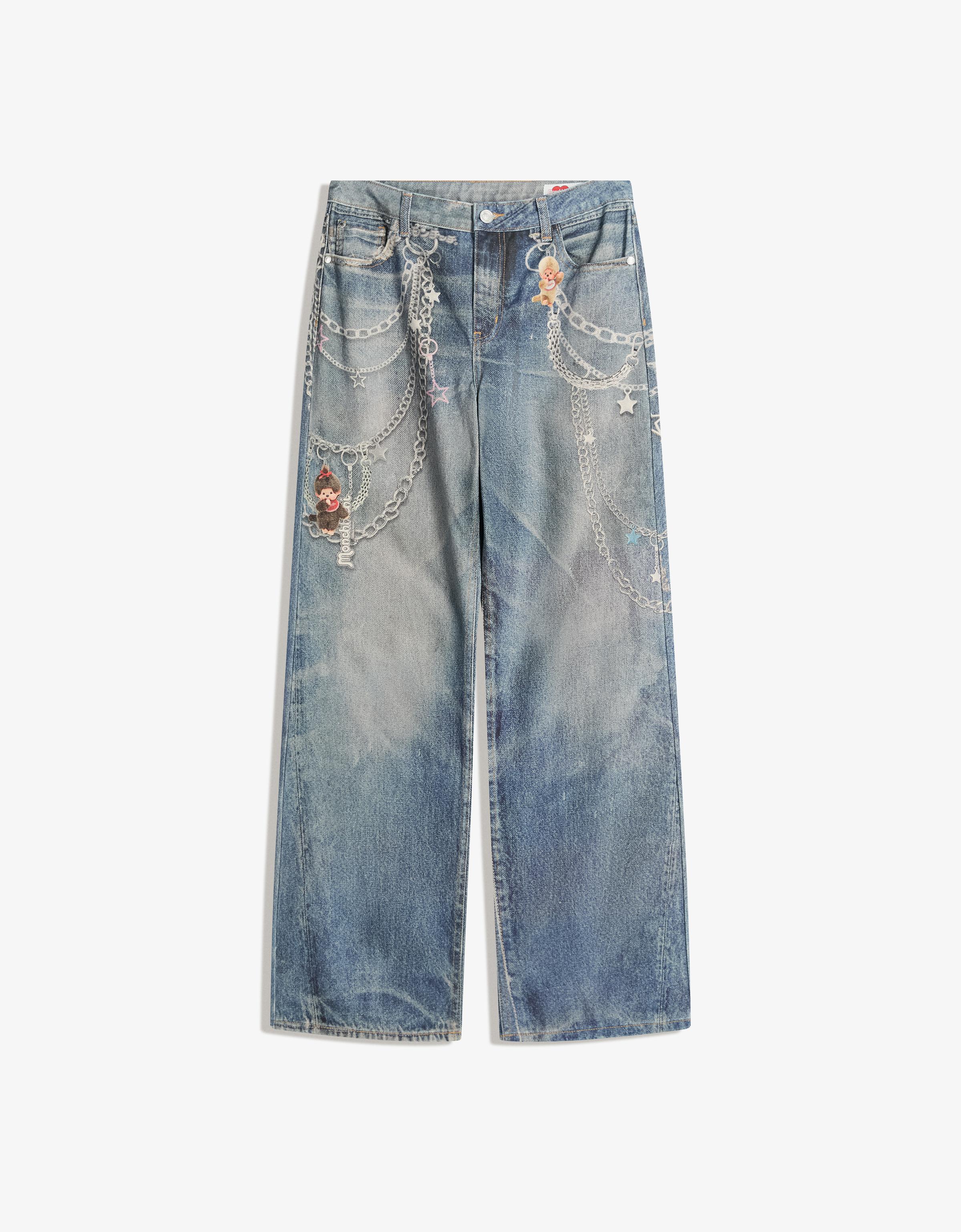 Bershka Monchhichi Baggy Jeans Mit Print Damen 38 Ausgewaschenes Blau