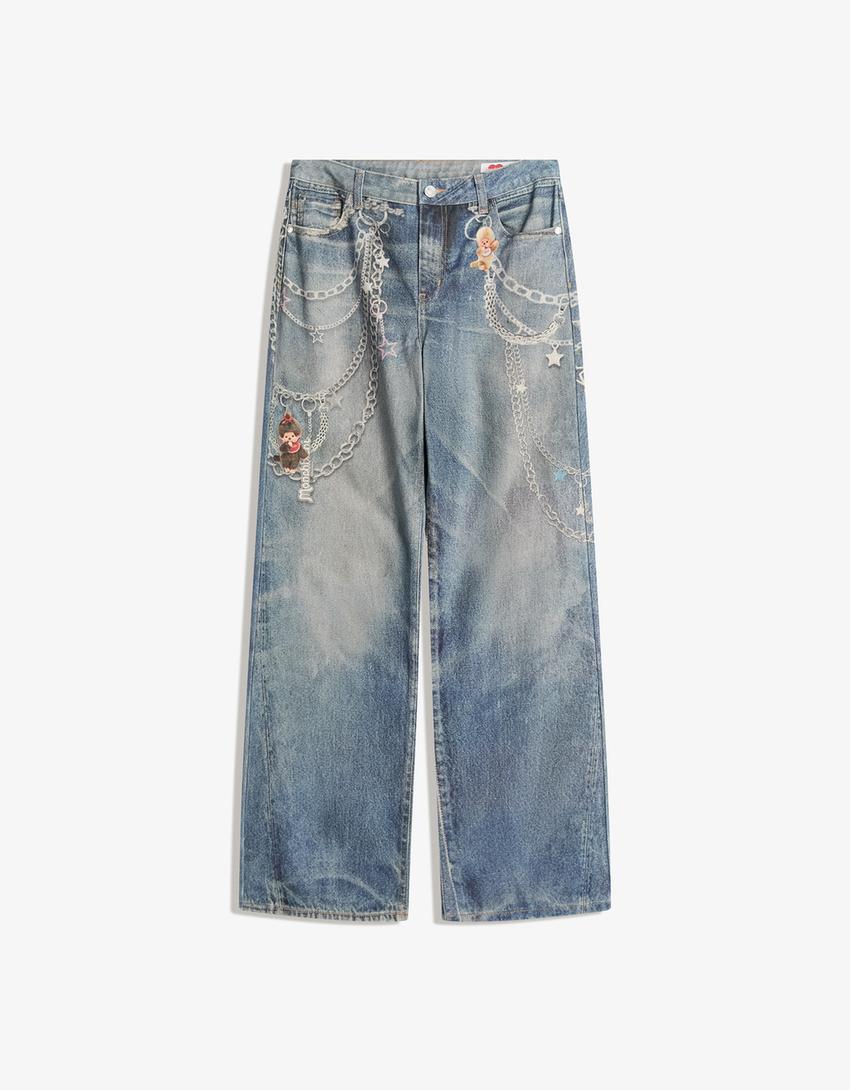Monchhichi print baggy jeans-Light blue