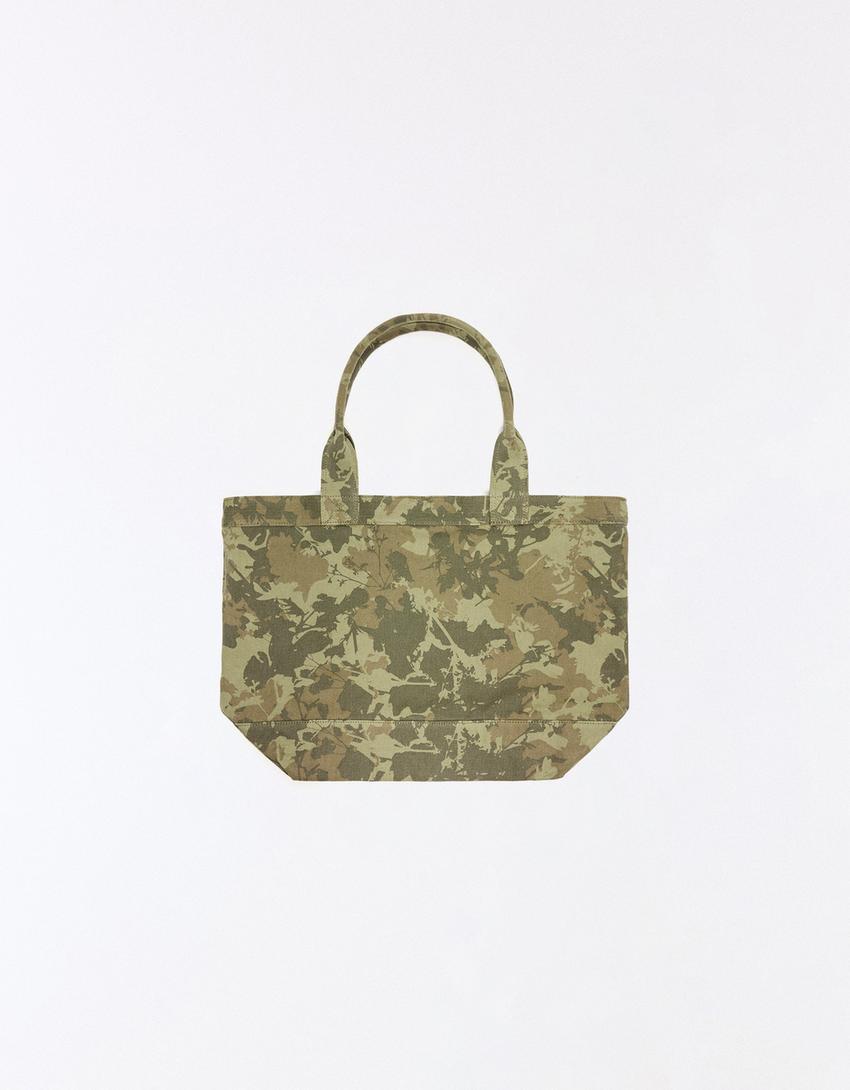 Borsa shopper in twill stampata-Kaki