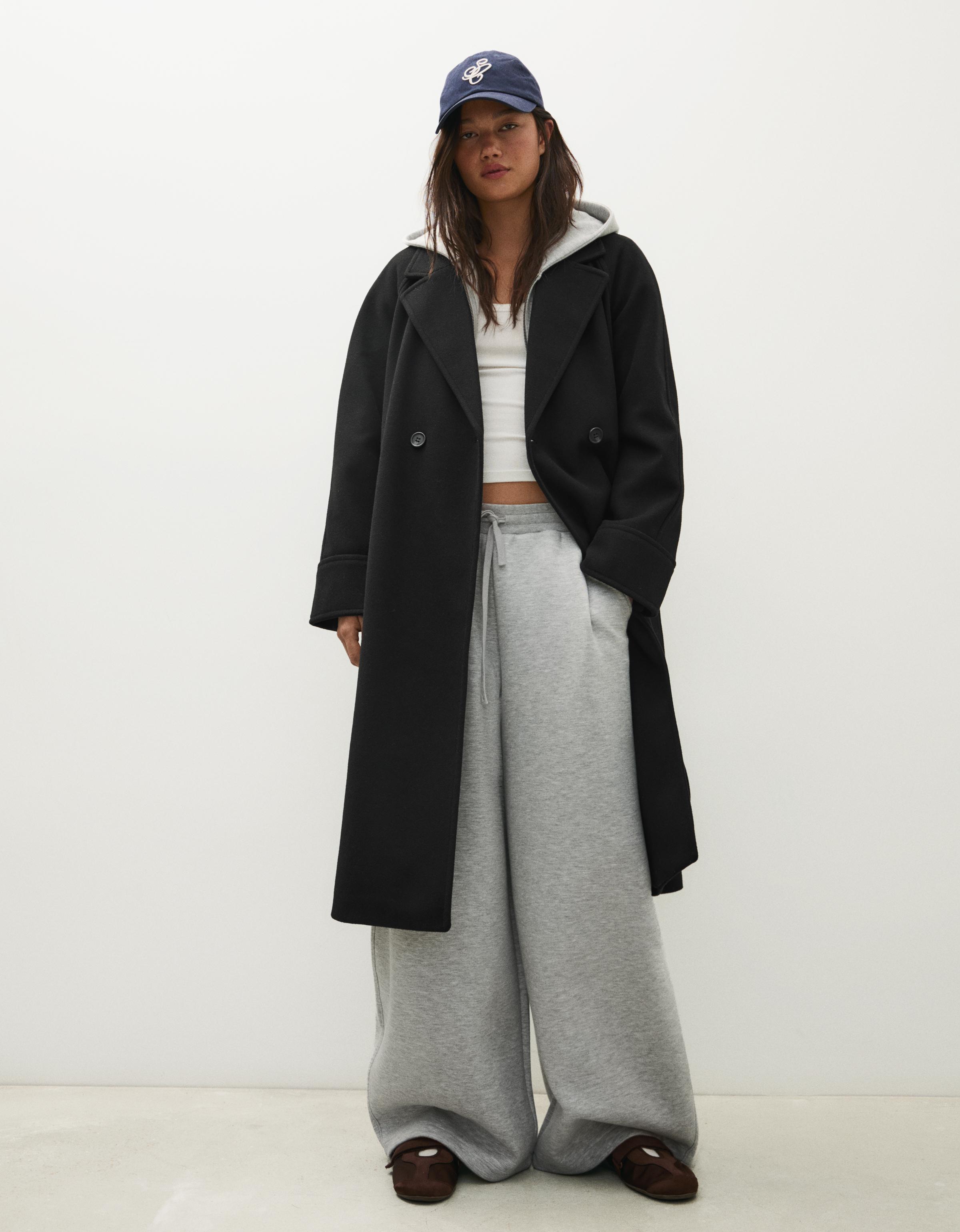 Bershka Abrigo Largo Soft Cinturón Mujer L Negro