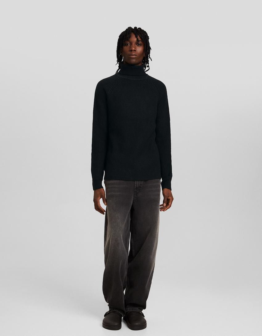 سويتر صوف صناعي سميك برقبة عالية-أسود-3