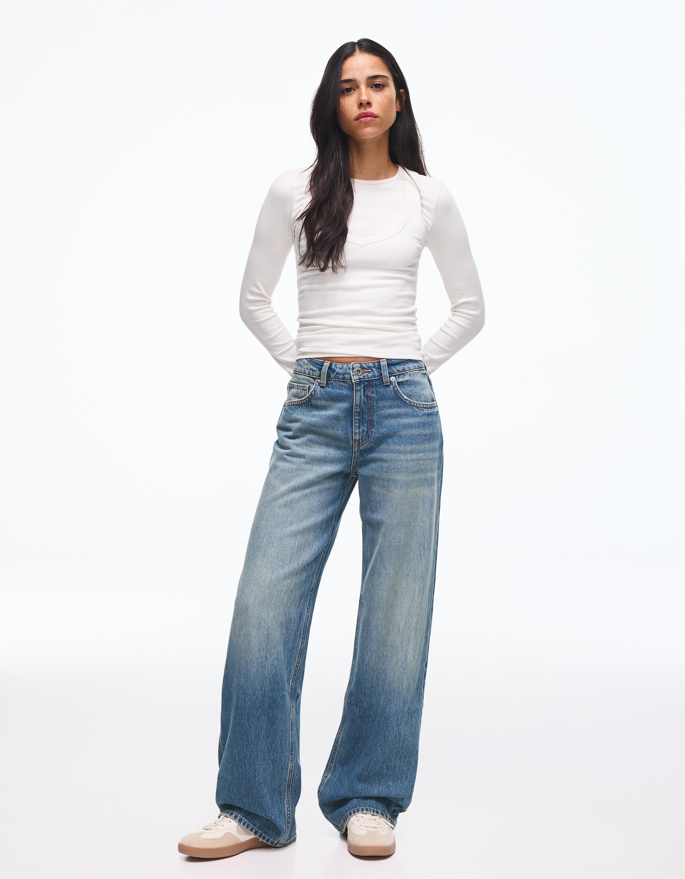High-waist wide straight-leg jeans — Light blue