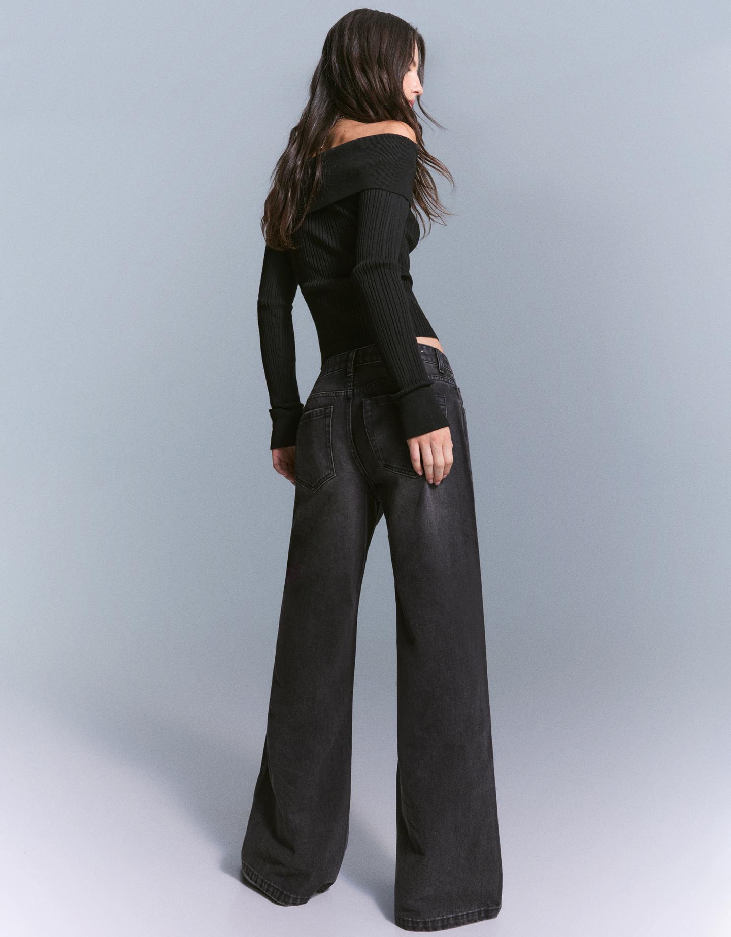 Bershka Jeans Straight Brillo Mujer 38 Negro