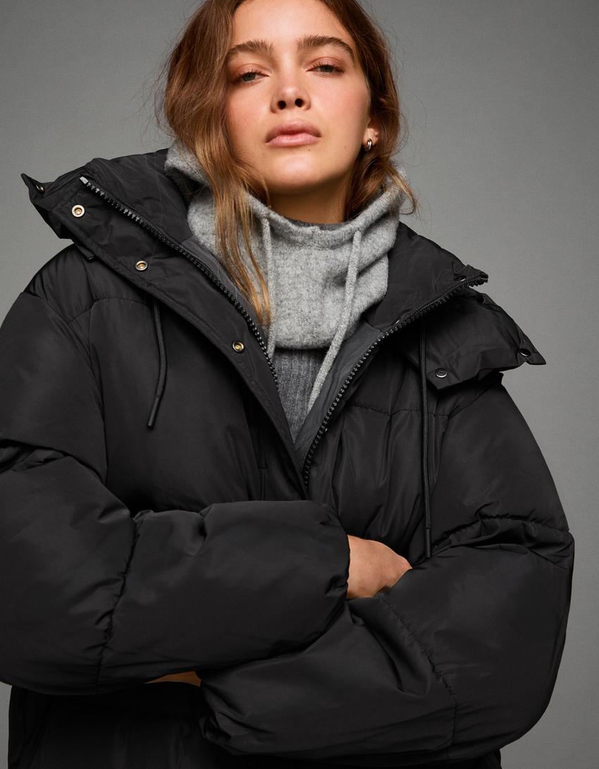 Long hooded puffer coat-Black