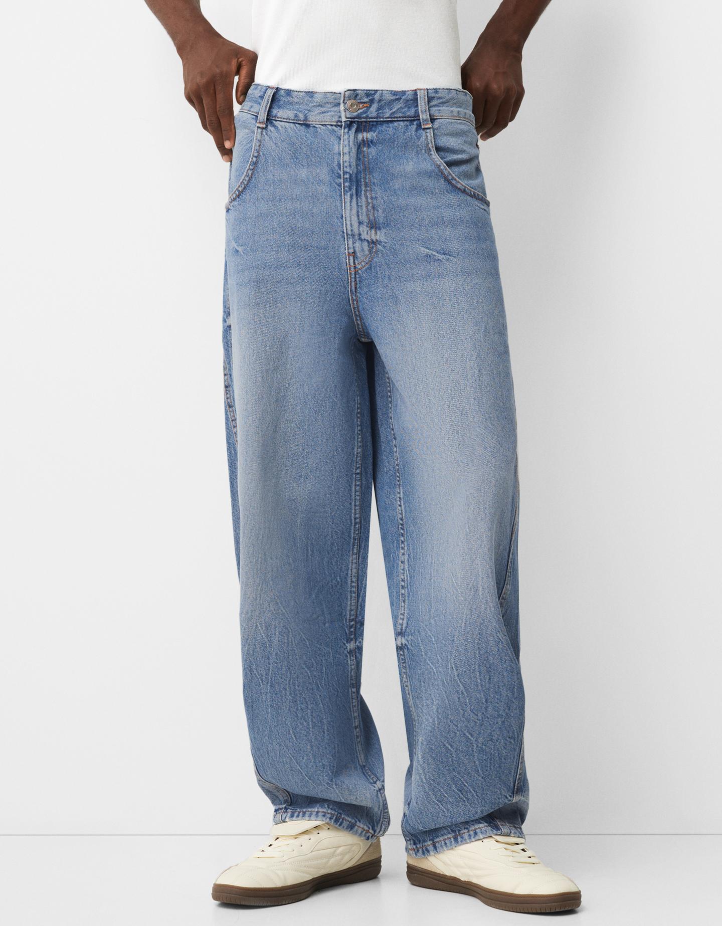 Bershka Jeans Baggy Con Cuciture Uomo 44 (Eu 38) Azzurro Lavato