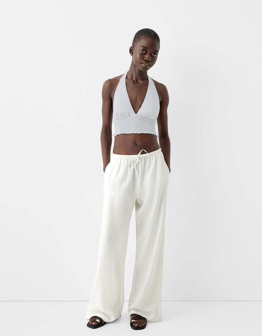 Crop top encolure américaine avec lin-Bleu clair-3
