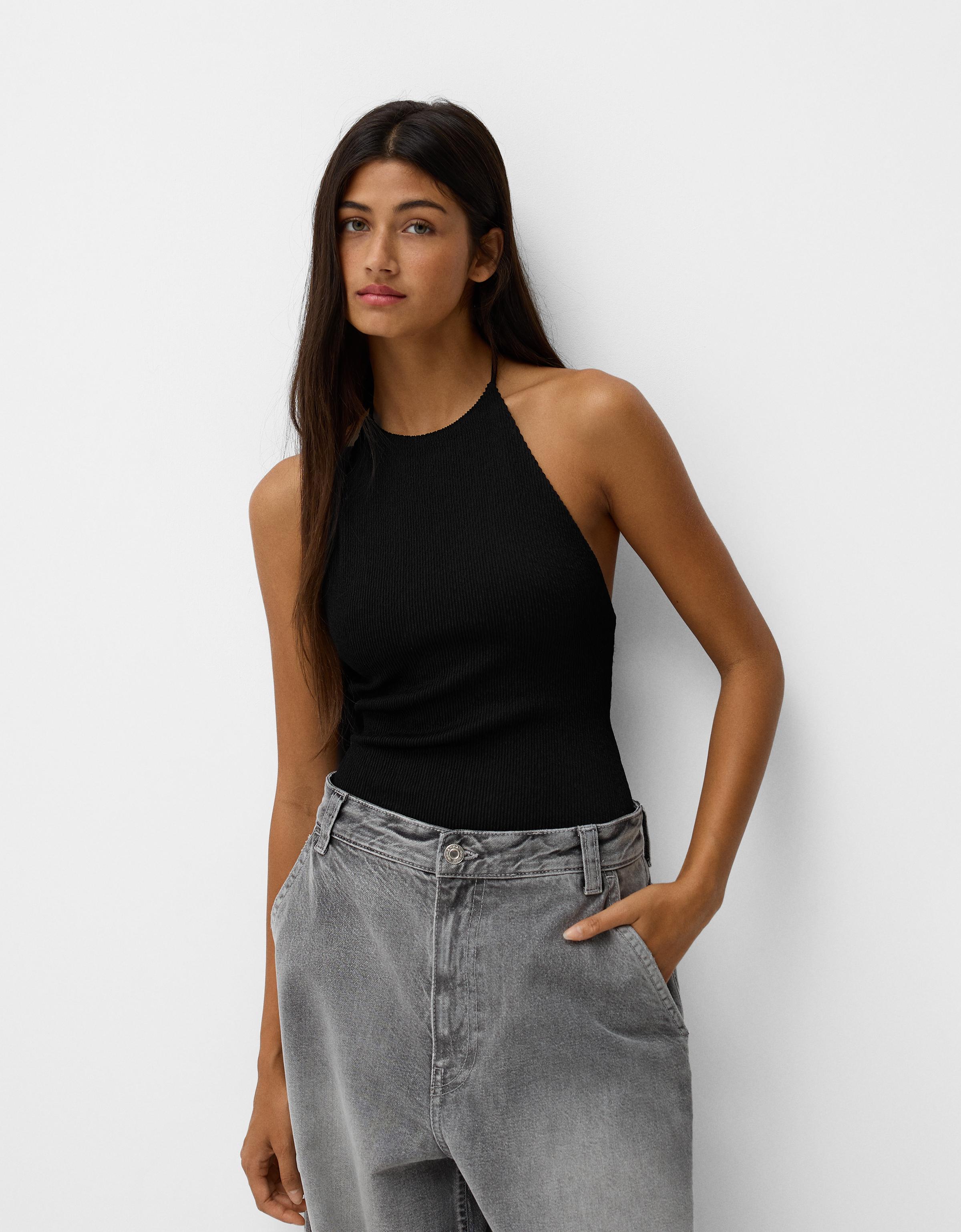 Bershka Rückenfreier Body Mit Neckholder Damen L Schwarz