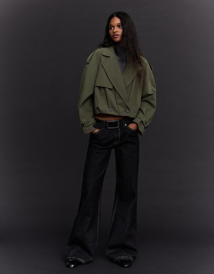 Kurze Trenchjacke mit Puffärmeln-Khaki