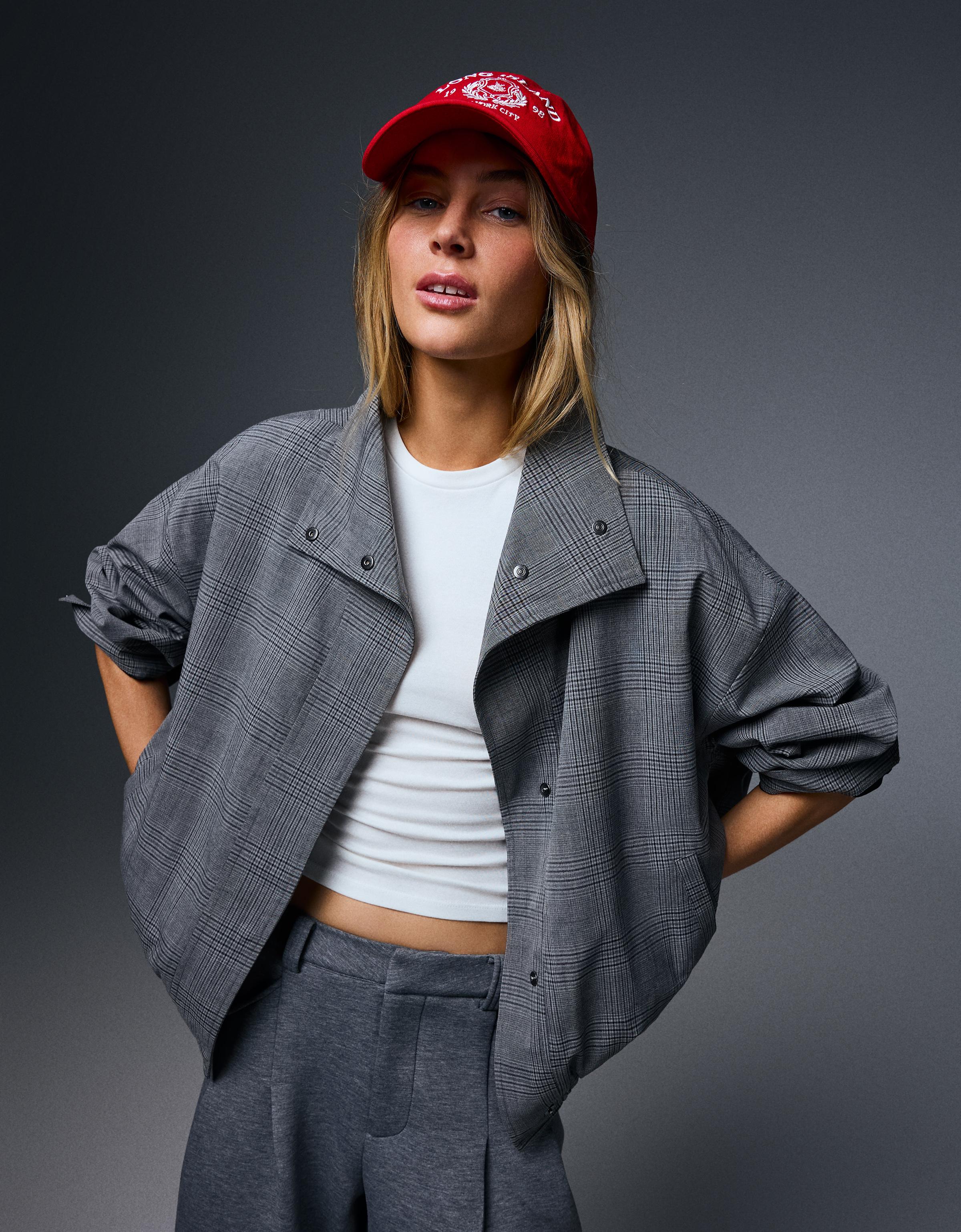 Checked funnel neck jacket — Grey