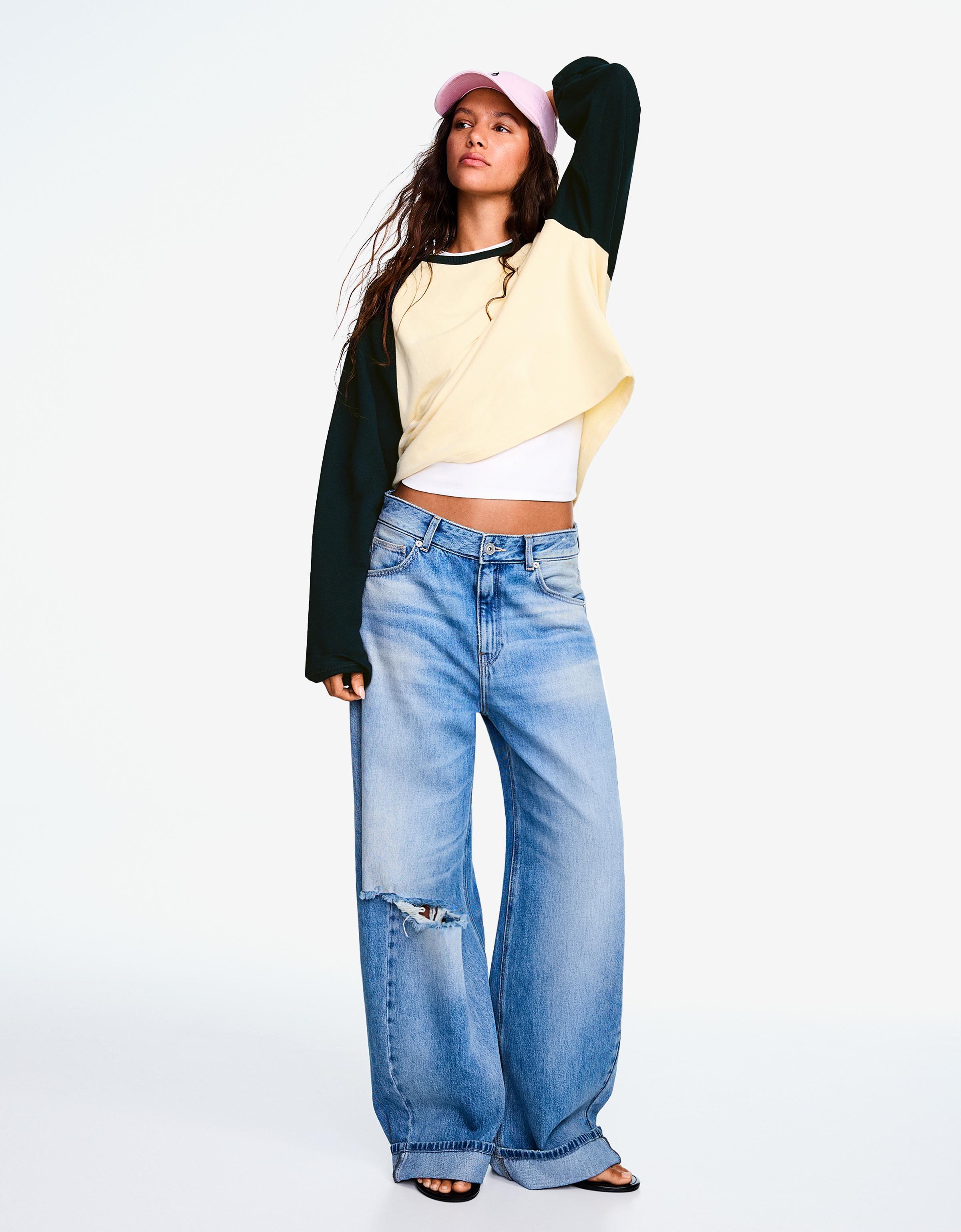 Bershka Camiseta Manga Larga Ranglan Mujer Amarillo