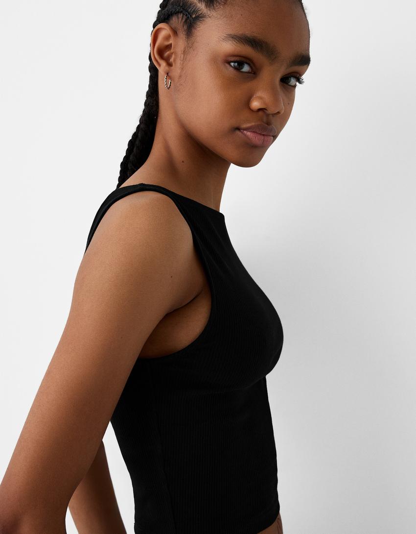 Sleeveless ribbed T-shirt-Black-2